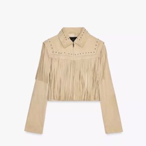 Cazadora piel ante 100% cuero con flecos y tachas Zara