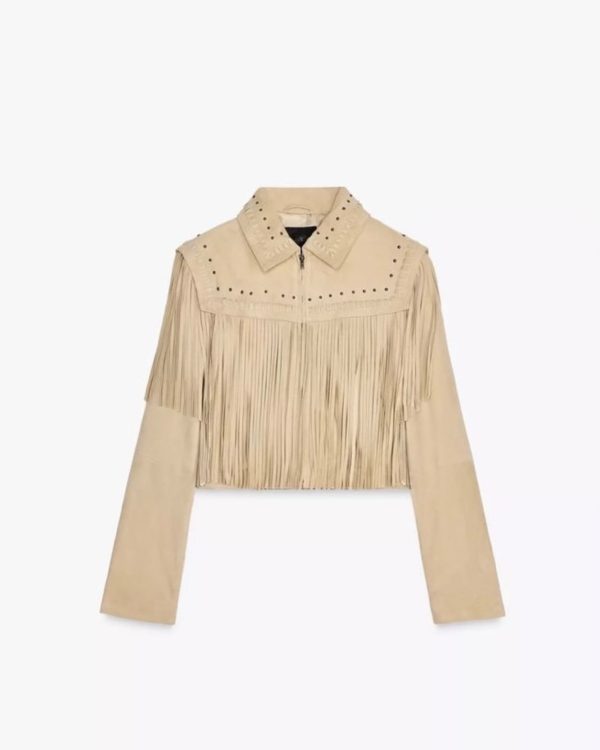 Cazadora piel ante 100% cuero con flecos y tachas Zara